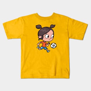 girl with ponytails successfully leads a soccer ball Kids T-Shirt